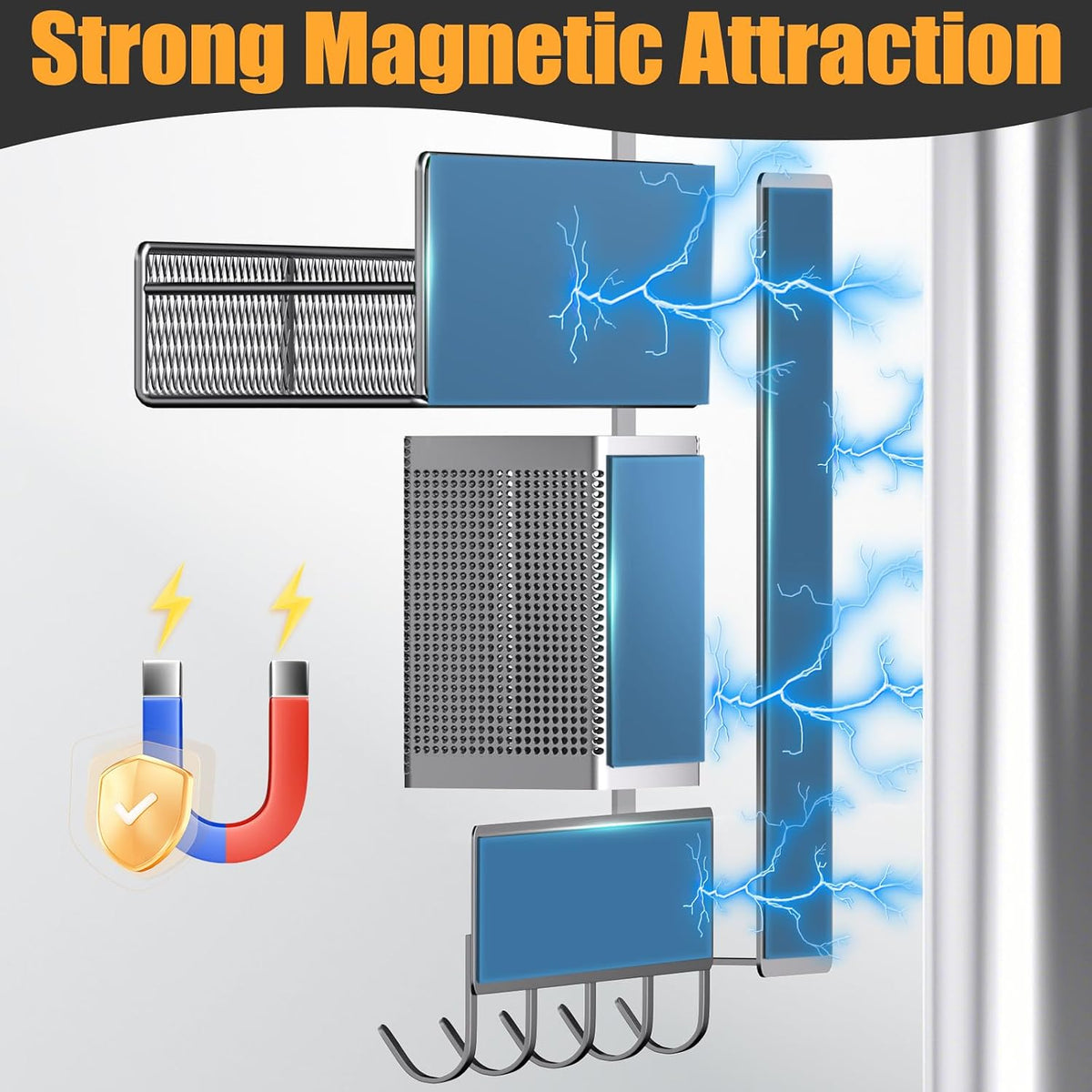 Magnetic Spice Rack for Refrigerator, Metal Magnetic Shelf Black, Moveable Spice Organizer with Hooks, Super Magnetic Fridge Shelf for Kitchen Organization and Storage