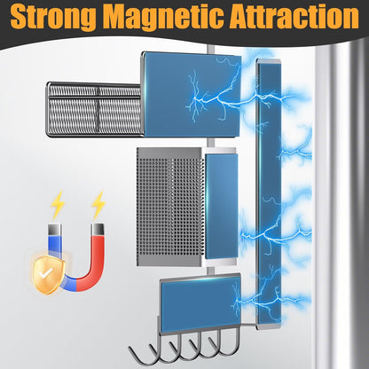 Magnetic Spice Rack for Refrigerator, Metal Magnetic Shelf Black, Moveable Spice Organizer with Hooks, Super Magnetic Fridge Shelf for Kitchen Organization and Storage