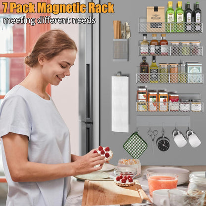 Magnetic Spice Rack for Refrigerator, Metal Magnetic Shelf Black, Moveable Spice Organizer with Hooks, Super Magnetic Fridge Shelf for Kitchen Organization and Storage