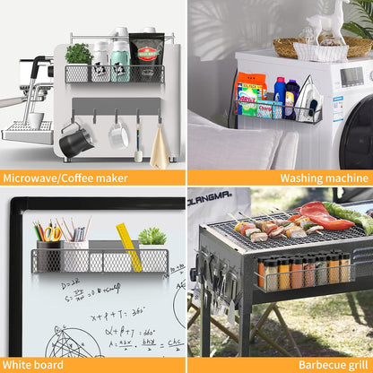 Magnetic Spice Rack for Refrigerator, Metal Magnetic Shelf Black, Moveable Spice Organizer with Hooks, Super Magnetic Fridge Shelf for Kitchen Organization and Storage