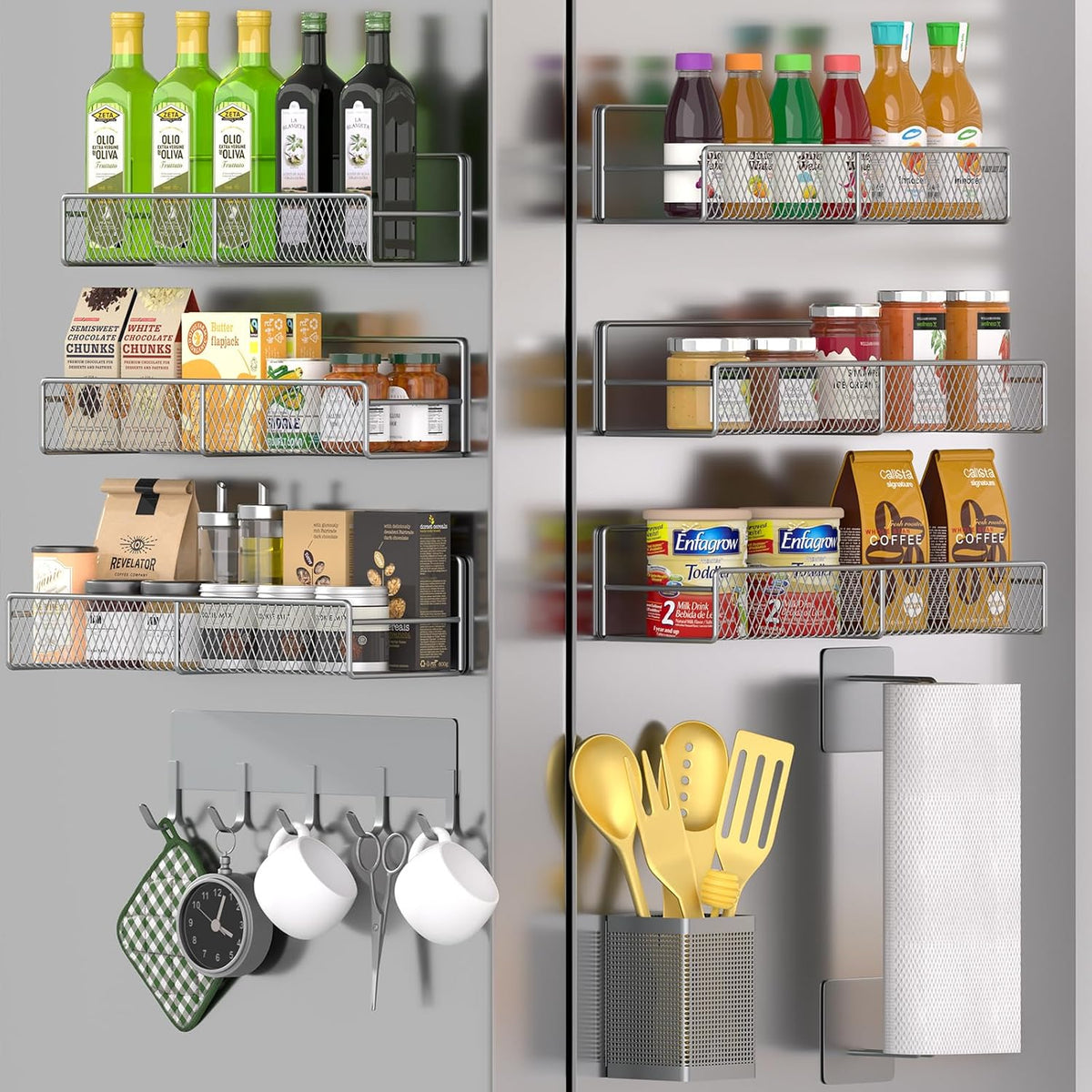 Magnetic Spice Rack for Refrigerator, Metal Magnetic Shelf Black, Moveable Spice Organizer with Hooks, Super Magnetic Fridge Shelf for Kitchen Organization and Storage