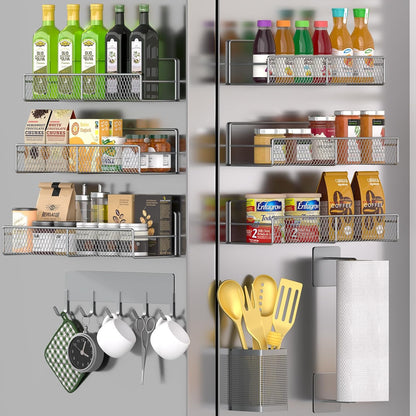 Magnetic Spice Rack for Refrigerator, Metal Magnetic Shelf Black, Moveable Spice Organizer with Hooks, Super Magnetic Fridge Shelf for Kitchen Organization and Storage