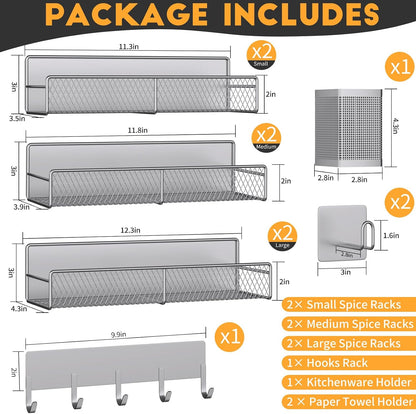 Magnetic Spice Rack for Refrigerator, Metal Magnetic Shelf Black, Moveable Spice Organizer with Hooks, Super Magnetic Fridge Shelf for Kitchen Organization and Storage