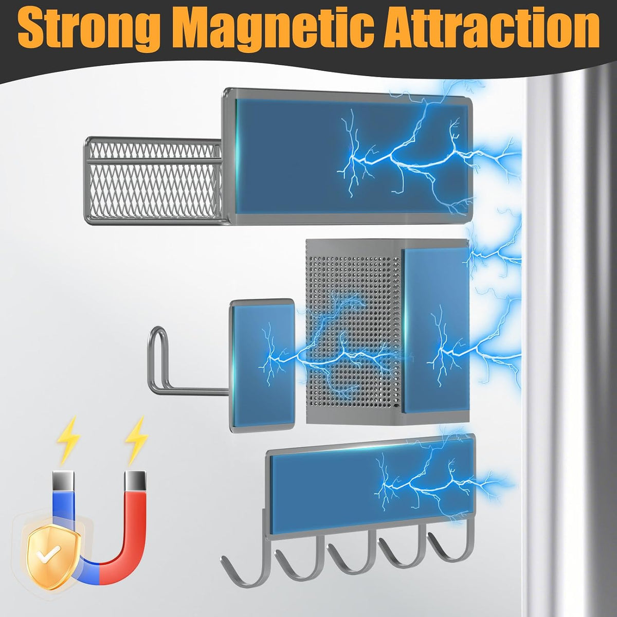Magnetic Spice Rack for Refrigerator, Metal Magnetic Shelf Black, Moveable Spice Organizer with Hooks, Super Magnetic Fridge Shelf for Kitchen Organization and Storage