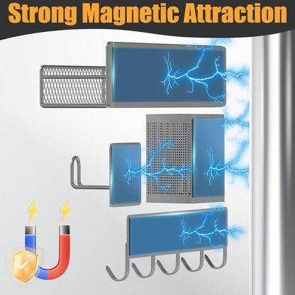 Magnetic Spice Rack for Refrigerator, Metal Magnetic Shelf Black, Moveable Spice Organizer with Hooks, Super Magnetic Fridge Shelf for Kitchen Organization and Storage
