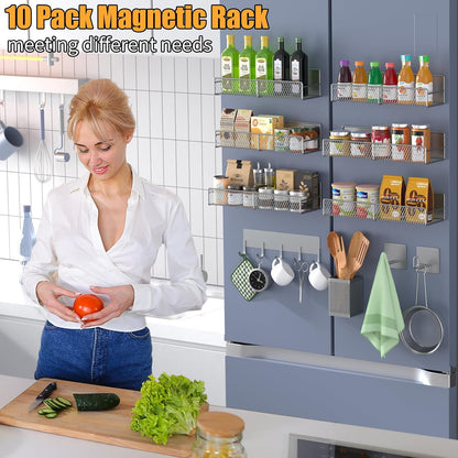 Magnetic Spice Rack for Refrigerator, Metal Magnetic Shelf Black, Moveable Spice Organizer with Hooks, Super Magnetic Fridge Shelf for Kitchen Organization and Storage