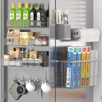 Magnetic Spice Rack for Refrigerator, Metal Magnetic Shelf Black, Moveable Spice Organizer with Hooks, Super Magnetic Fridge Shelf for Kitchen Organization and Storage