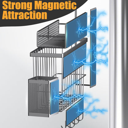 Magnetic Spice Rack for Refrigerator, Metal Magnetic Shelf Black, Moveable Spice Organizer with Hooks, Super Magnetic Fridge Shelf for Kitchen Organization and Storage