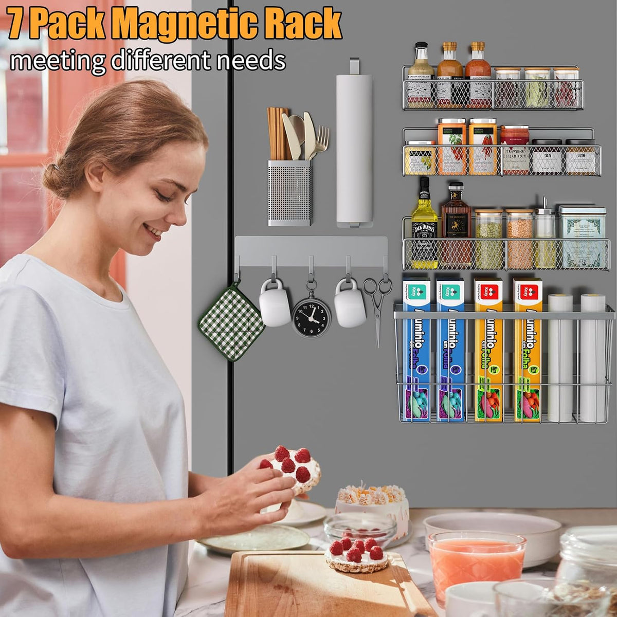 Magnetic Spice Rack for Refrigerator, Metal Magnetic Shelf Black, Moveable Spice Organizer with Hooks, Super Magnetic Fridge Shelf for Kitchen Organization and Storage