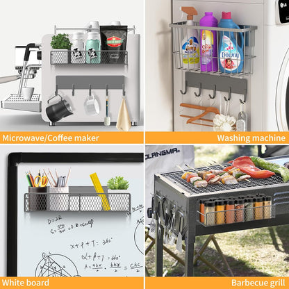 Magnetic Spice Rack for Refrigerator, Metal Magnetic Shelf Black, Moveable Spice Organizer with Hooks, Super Magnetic Fridge Shelf for Kitchen Organization and Storage