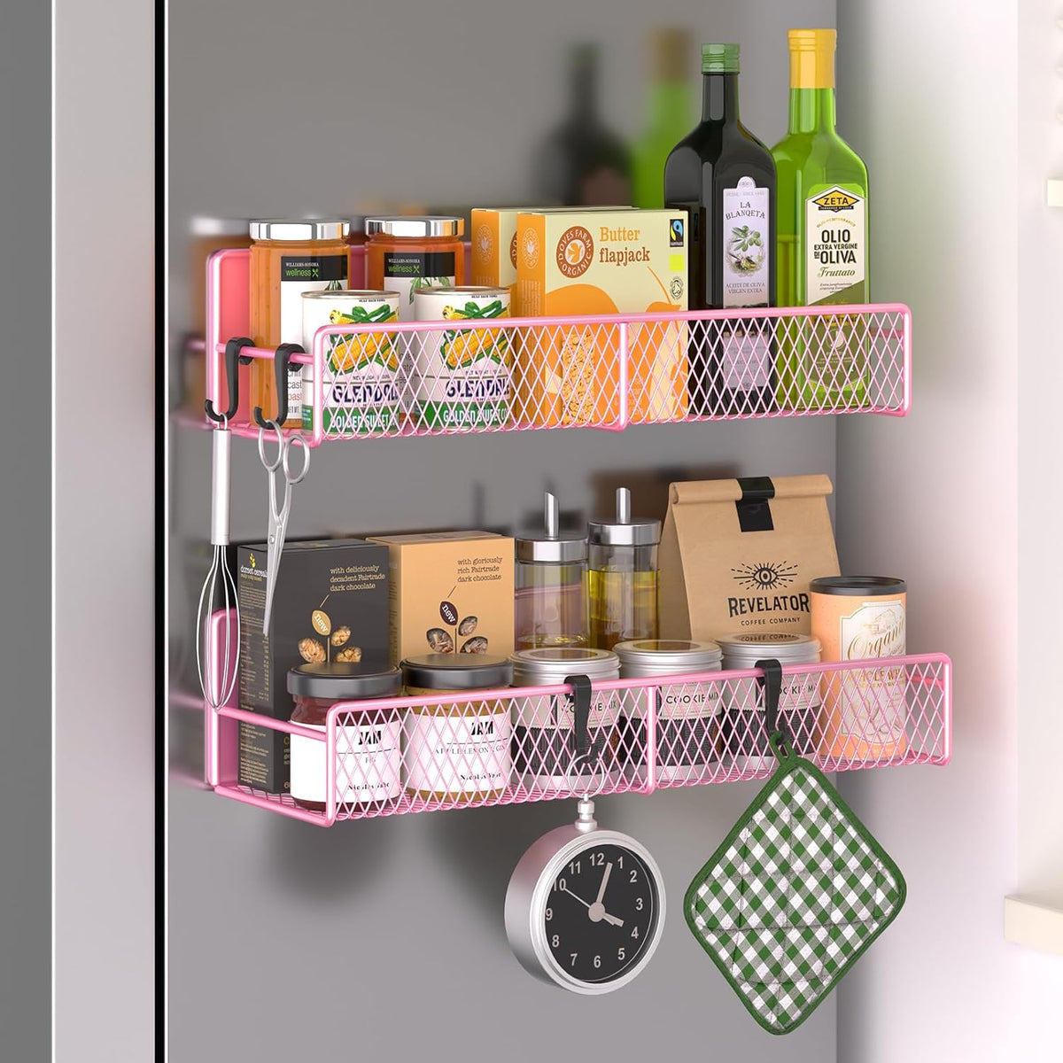 Magnetic Spice Rack for Refrigerator, Metal Magnetic Shelf Black, Moveable Spice Organizer with Hooks, Super Magnetic Fridge Shelf for Kitchen Organization and Storage