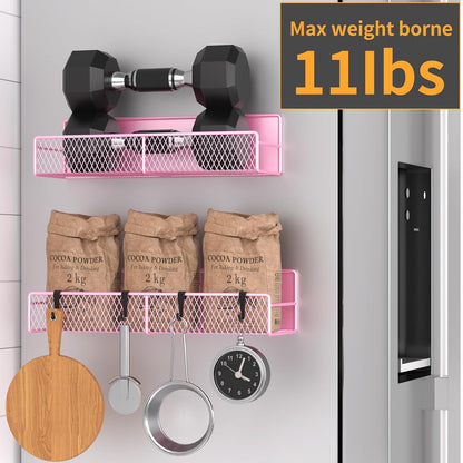 Magnetic Spice Rack for Refrigerator, Metal Magnetic Shelf Black, Moveable Spice Organizer with Hooks, Super Magnetic Fridge Shelf for Kitchen Organization and Storage