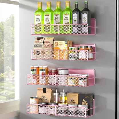 Magnetic Spice Rack for Refrigerator, Metal Magnetic Shelf Black, Moveable Spice Organizer with Hooks, Super Magnetic Fridge Shelf for Kitchen Organization and Storage