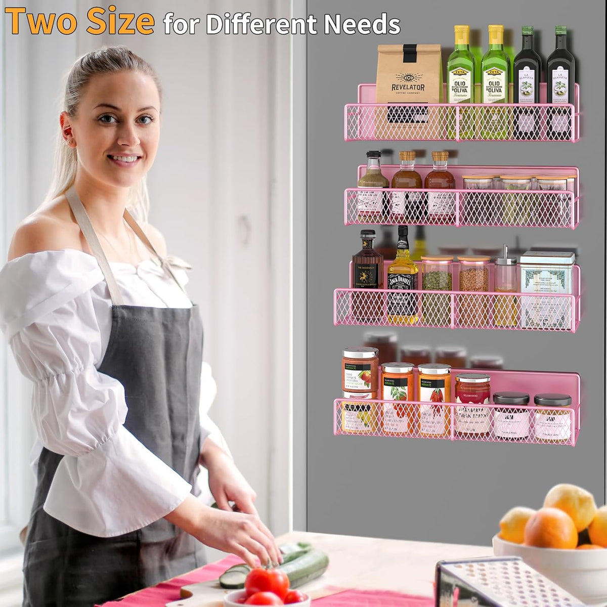Magnetic Spice Rack for Refrigerator, Metal Magnetic Shelf Black, Moveable Spice Organizer with Hooks, Super Magnetic Fridge Shelf for Kitchen Organization and Storage