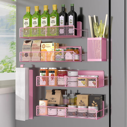 Magnetic Spice Rack for Refrigerator, Metal Magnetic Shelf Black, Moveable Spice Organizer with Hooks, Super Magnetic Fridge Shelf for Kitchen Organization and Storage