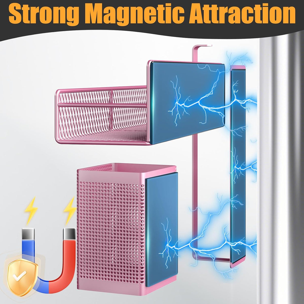 Magnetic Spice Rack for Refrigerator, Metal Magnetic Shelf Black, Moveable Spice Organizer with Hooks, Super Magnetic Fridge Shelf for Kitchen Organization and Storage