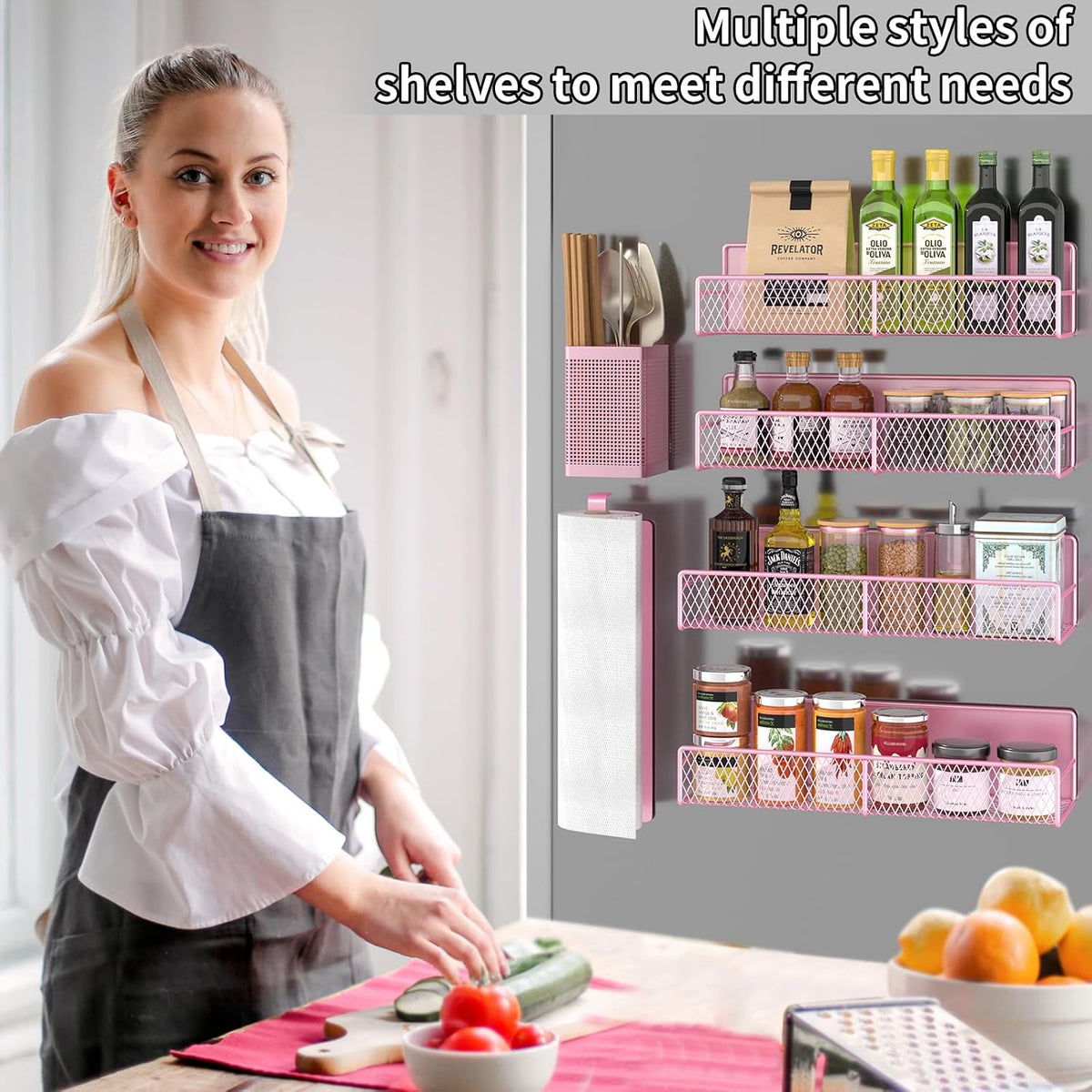 Magnetic Spice Rack for Refrigerator, Metal Magnetic Shelf Black, Moveable Spice Organizer with Hooks, Super Magnetic Fridge Shelf for Kitchen Organization and Storage