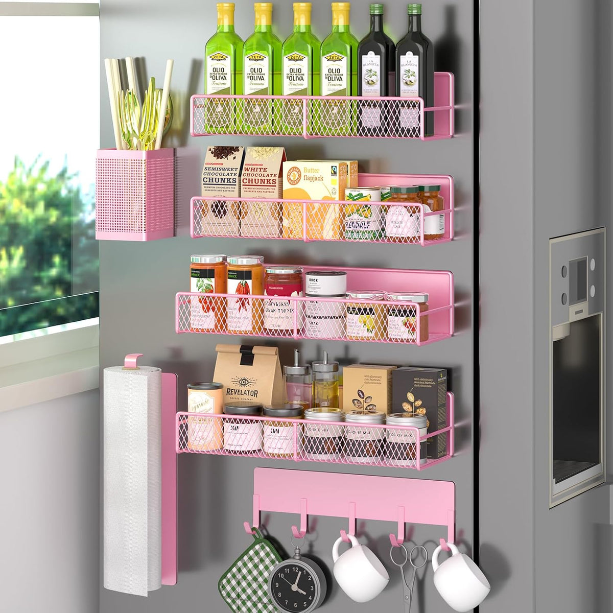 Magnetic Spice Rack for Refrigerator, Metal Magnetic Shelf Black, Moveable Spice Organizer with Hooks, Super Magnetic Fridge Shelf for Kitchen Organization and Storage