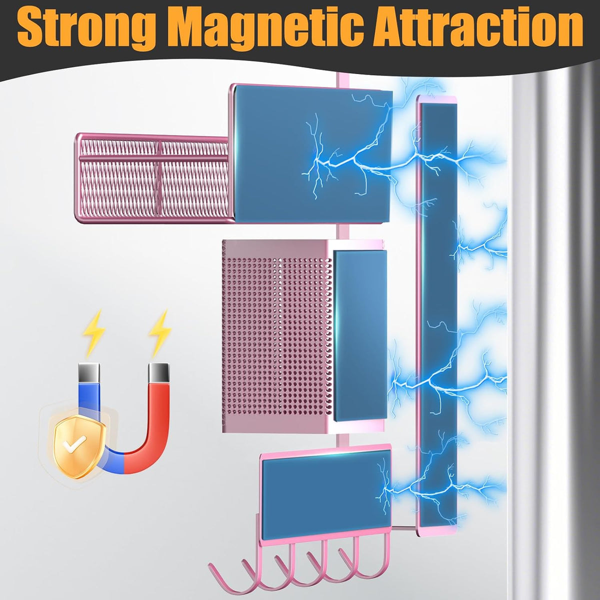 Magnetic Spice Rack for Refrigerator, Metal Magnetic Shelf Black, Moveable Spice Organizer with Hooks, Super Magnetic Fridge Shelf for Kitchen Organization and Storage