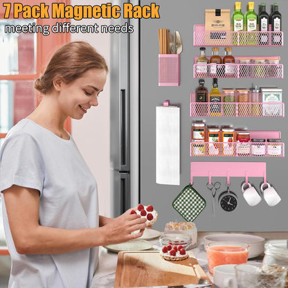 Magnetic Spice Rack for Refrigerator, Metal Magnetic Shelf Black, Moveable Spice Organizer with Hooks, Super Magnetic Fridge Shelf for Kitchen Organization and Storage