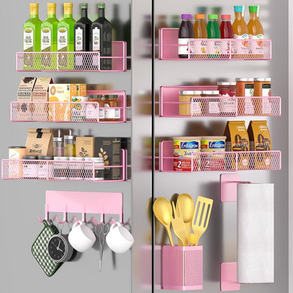 Magnetic Spice Rack for Refrigerator, Metal Magnetic Shelf Black, Moveable Spice Organizer with Hooks, Super Magnetic Fridge Shelf for Kitchen Organization and Storage