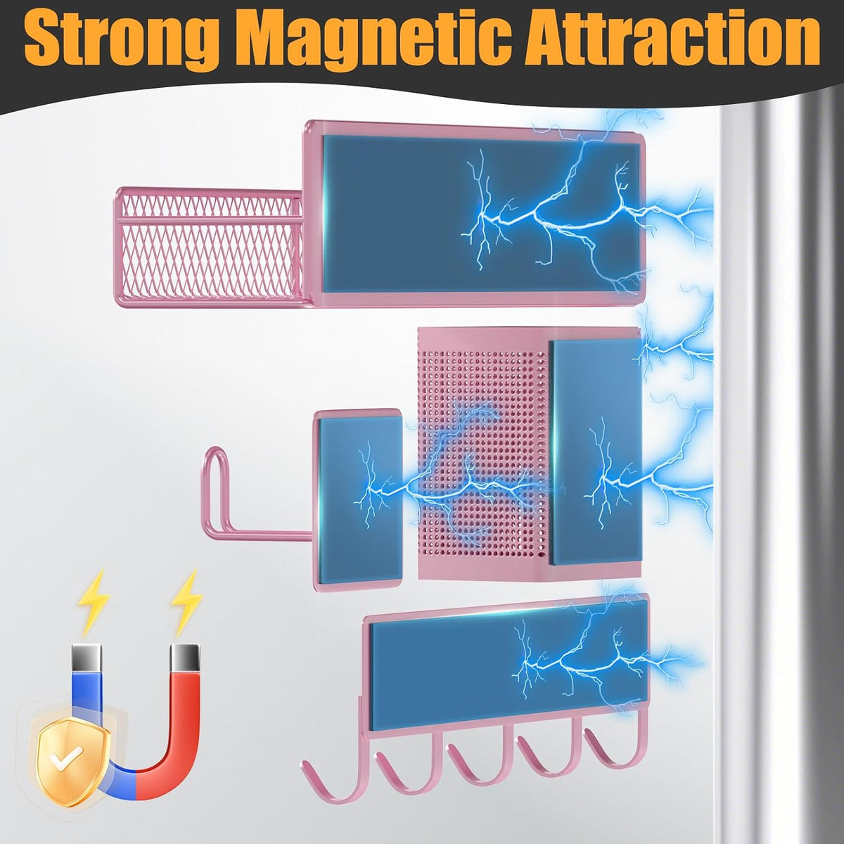 Magnetic Spice Rack for Refrigerator, Metal Magnetic Shelf Black, Moveable Spice Organizer with Hooks, Super Magnetic Fridge Shelf for Kitchen Organization and Storage