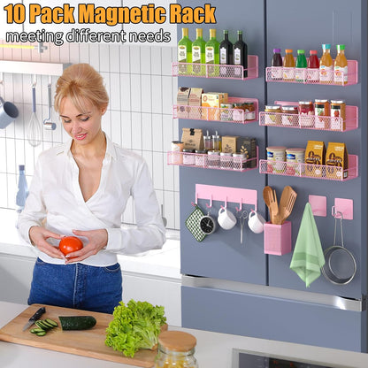 Magnetic Spice Rack for Refrigerator, Metal Magnetic Shelf Black, Moveable Spice Organizer with Hooks, Super Magnetic Fridge Shelf for Kitchen Organization and Storage