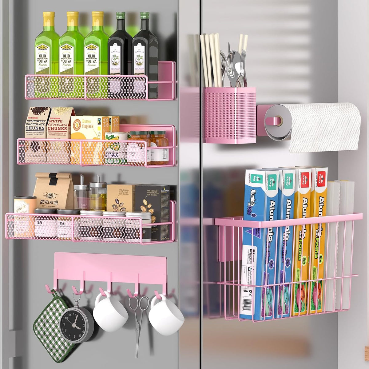 Magnetic Spice Rack for Refrigerator, Metal Magnetic Shelf Black, Moveable Spice Organizer with Hooks, Super Magnetic Fridge Shelf for Kitchen Organization and Storage