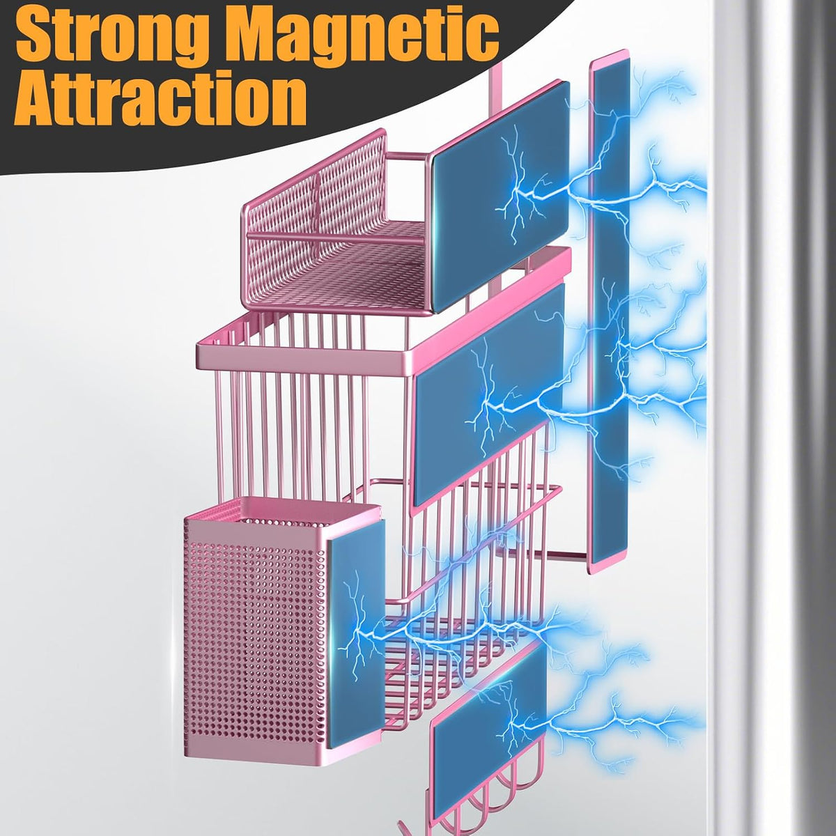 Magnetic Spice Rack for Refrigerator, Metal Magnetic Shelf Black, Moveable Spice Organizer with Hooks, Super Magnetic Fridge Shelf for Kitchen Organization and Storage