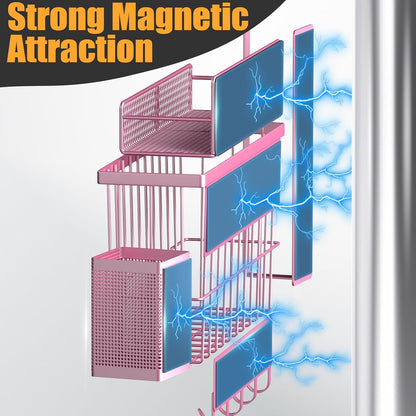 Magnetic Spice Rack for Refrigerator, Metal Magnetic Shelf Black, Moveable Spice Organizer with Hooks, Super Magnetic Fridge Shelf for Kitchen Organization and Storage
