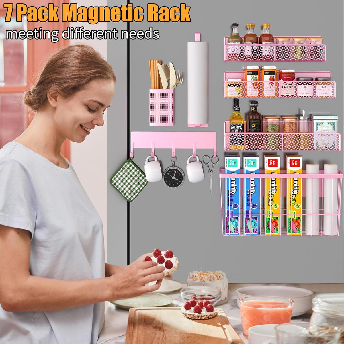 Magnetic Spice Rack for Refrigerator, Metal Magnetic Shelf Black, Moveable Spice Organizer with Hooks, Super Magnetic Fridge Shelf for Kitchen Organization and Storage