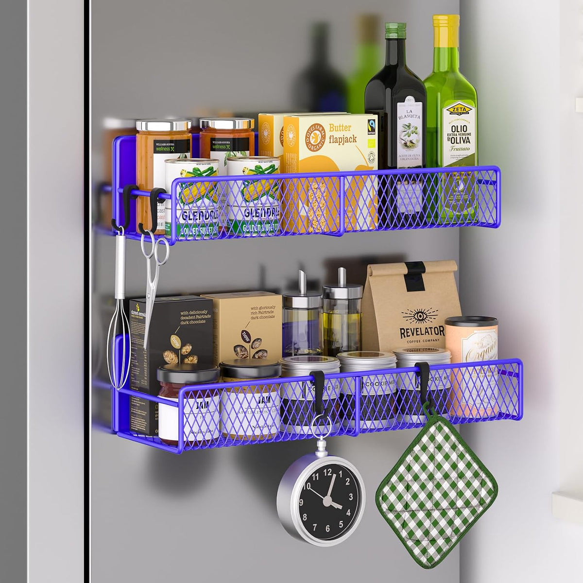 Magnetic Spice Rack for Refrigerator, Metal Magnetic Shelf Black, Moveable Spice Organizer with Hooks, Super Magnetic Fridge Shelf for Kitchen Organization and Storage