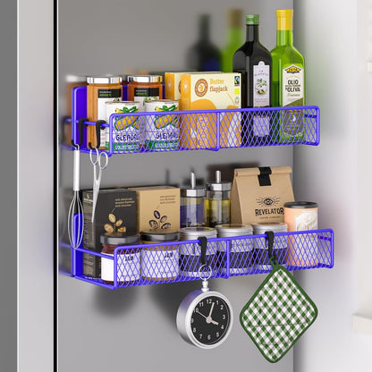 Magnetic Spice Rack for Refrigerator, Metal Magnetic Shelf Black, Moveable Spice Organizer with Hooks, Super Magnetic Fridge Shelf for Kitchen Organization and Storage