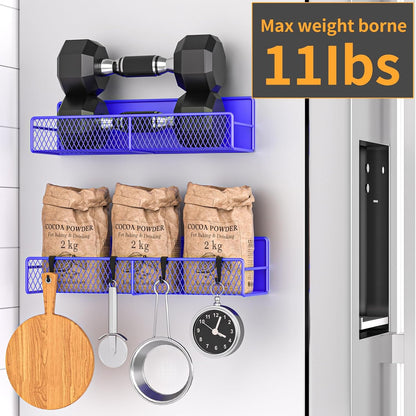 Magnetic Spice Rack for Refrigerator, Metal Magnetic Shelf Black, Moveable Spice Organizer with Hooks, Super Magnetic Fridge Shelf for Kitchen Organization and Storage