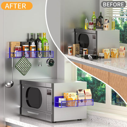 Magnetic Spice Rack for Refrigerator, Metal Magnetic Shelf Black, Moveable Spice Organizer with Hooks, Super Magnetic Fridge Shelf for Kitchen Organization and Storage