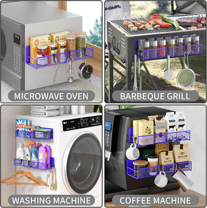 Magnetic Spice Rack for Refrigerator, Metal Magnetic Shelf Black, Moveable Spice Organizer with Hooks, Super Magnetic Fridge Shelf for Kitchen Organization and Storage