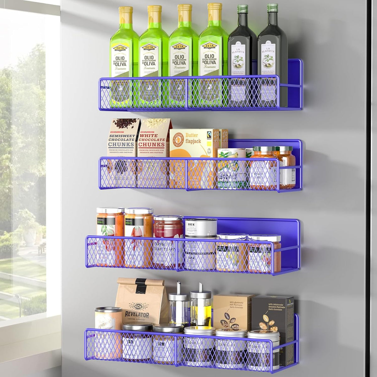 Magnetic Spice Rack for Refrigerator, Metal Magnetic Shelf Black, Moveable Spice Organizer with Hooks, Super Magnetic Fridge Shelf for Kitchen Organization and Storage