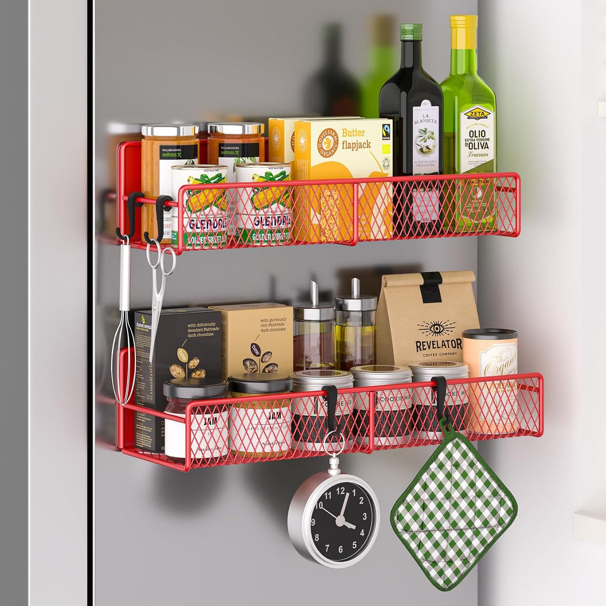 Magnetic Spice Rack for Refrigerator, Metal Magnetic Shelf Black, Moveable Spice Organizer with Hooks, Super Magnetic Fridge Shelf for Kitchen Organization and Storage