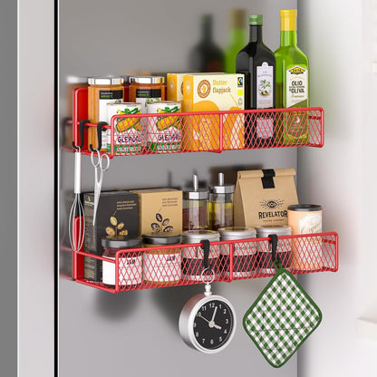 Magnetic Spice Rack for Refrigerator, Metal Magnetic Shelf Black, Moveable Spice Organizer with Hooks, Super Magnetic Fridge Shelf for Kitchen Organization and Storage