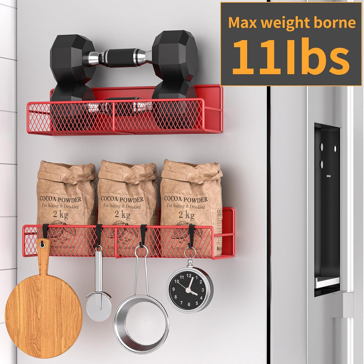 Magnetic Spice Rack for Refrigerator, Metal Magnetic Shelf Black, Moveable Spice Organizer with Hooks, Super Magnetic Fridge Shelf for Kitchen Organization and Storage