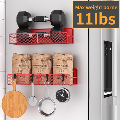 Magnetic Spice Rack for Refrigerator, Metal Magnetic Shelf Black, Moveable Spice Organizer with Hooks, Super Magnetic Fridge Shelf for Kitchen Organization and Storage