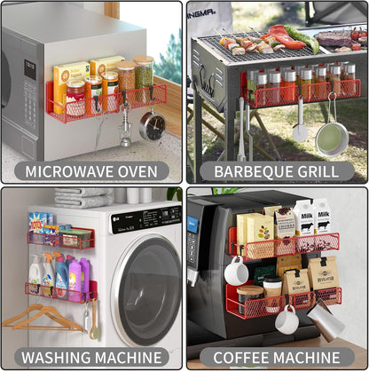 Magnetic Spice Rack for Refrigerator, Metal Magnetic Shelf Black, Moveable Spice Organizer with Hooks, Super Magnetic Fridge Shelf for Kitchen Organization and Storage