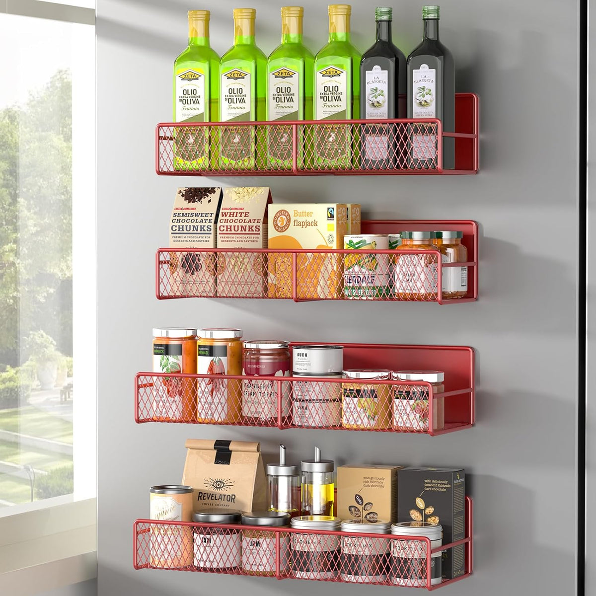 Magnetic Spice Rack for Refrigerator, Metal Magnetic Shelf Black, Moveable Spice Organizer with Hooks, Super Magnetic Fridge Shelf for Kitchen Organization and Storage
