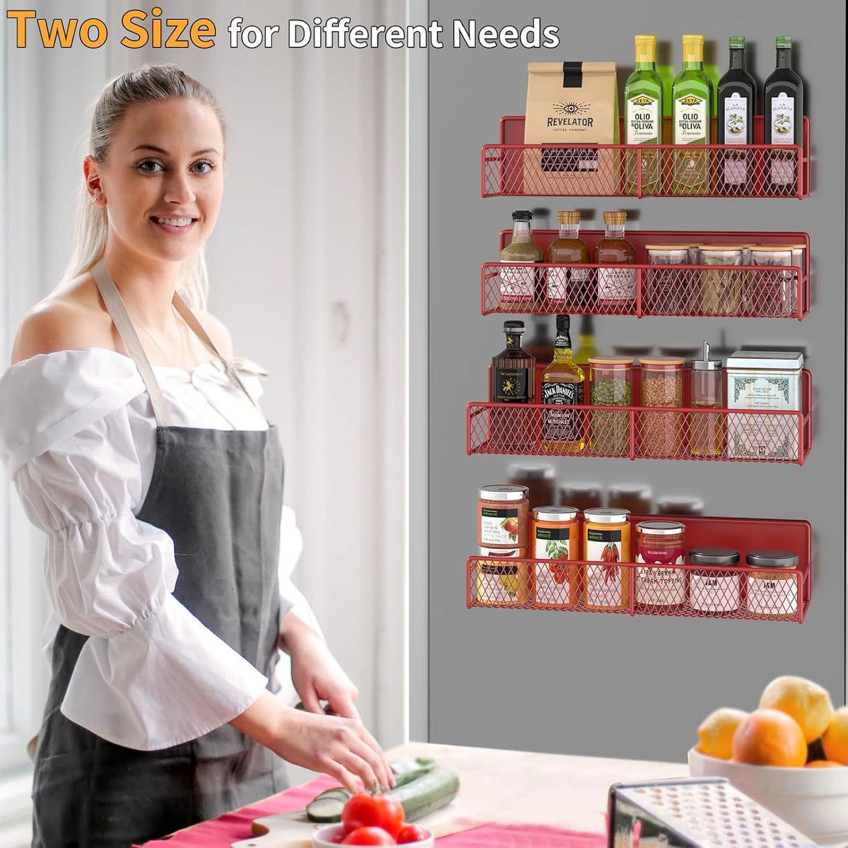 Magnetic Spice Rack for Refrigerator, Metal Magnetic Shelf Black, Moveable Spice Organizer with Hooks, Super Magnetic Fridge Shelf for Kitchen Organization and Storage