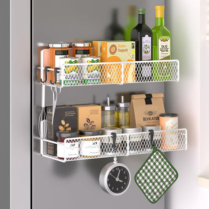 Magnetic Spice Rack for Refrigerator, Metal Magnetic Shelf Black, Moveable Spice Organizer with Hooks, Super Magnetic Fridge Shelf for Kitchen Organization and Storage