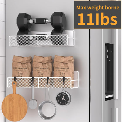 Magnetic Spice Rack for Refrigerator, Metal Magnetic Shelf Black, Moveable Spice Organizer with Hooks, Super Magnetic Fridge Shelf for Kitchen Organization and Storage