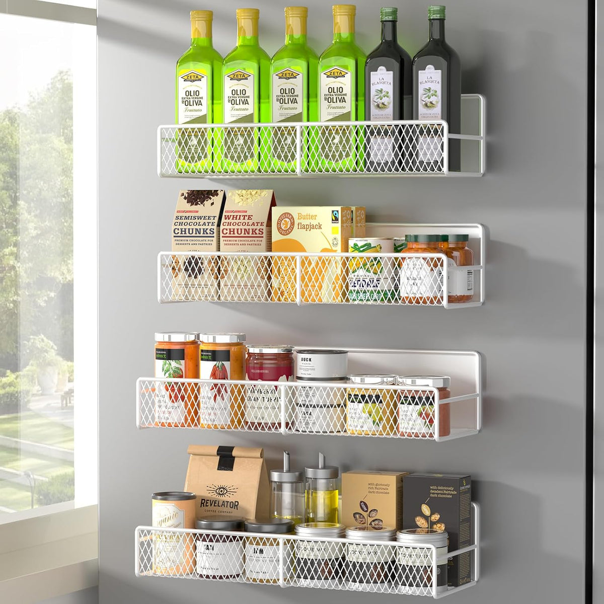 Magnetic Spice Rack for Refrigerator, Metal Magnetic Shelf Black, Moveable Spice Organizer with Hooks, Super Magnetic Fridge Shelf for Kitchen Organization and Storage