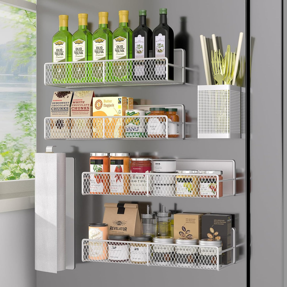 Magnetic Spice Rack for Refrigerator, Metal Magnetic Shelf Black, Moveable Spice Organizer with Hooks, Super Magnetic Fridge Shelf for Kitchen Organization and Storage