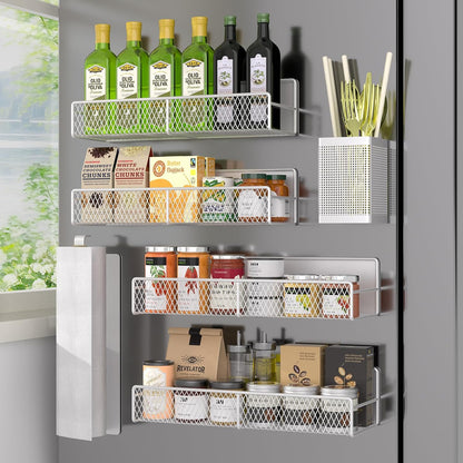 Magnetic Spice Rack for Refrigerator, Metal Magnetic Shelf Black, Moveable Spice Organizer with Hooks, Super Magnetic Fridge Shelf for Kitchen Organization and Storage