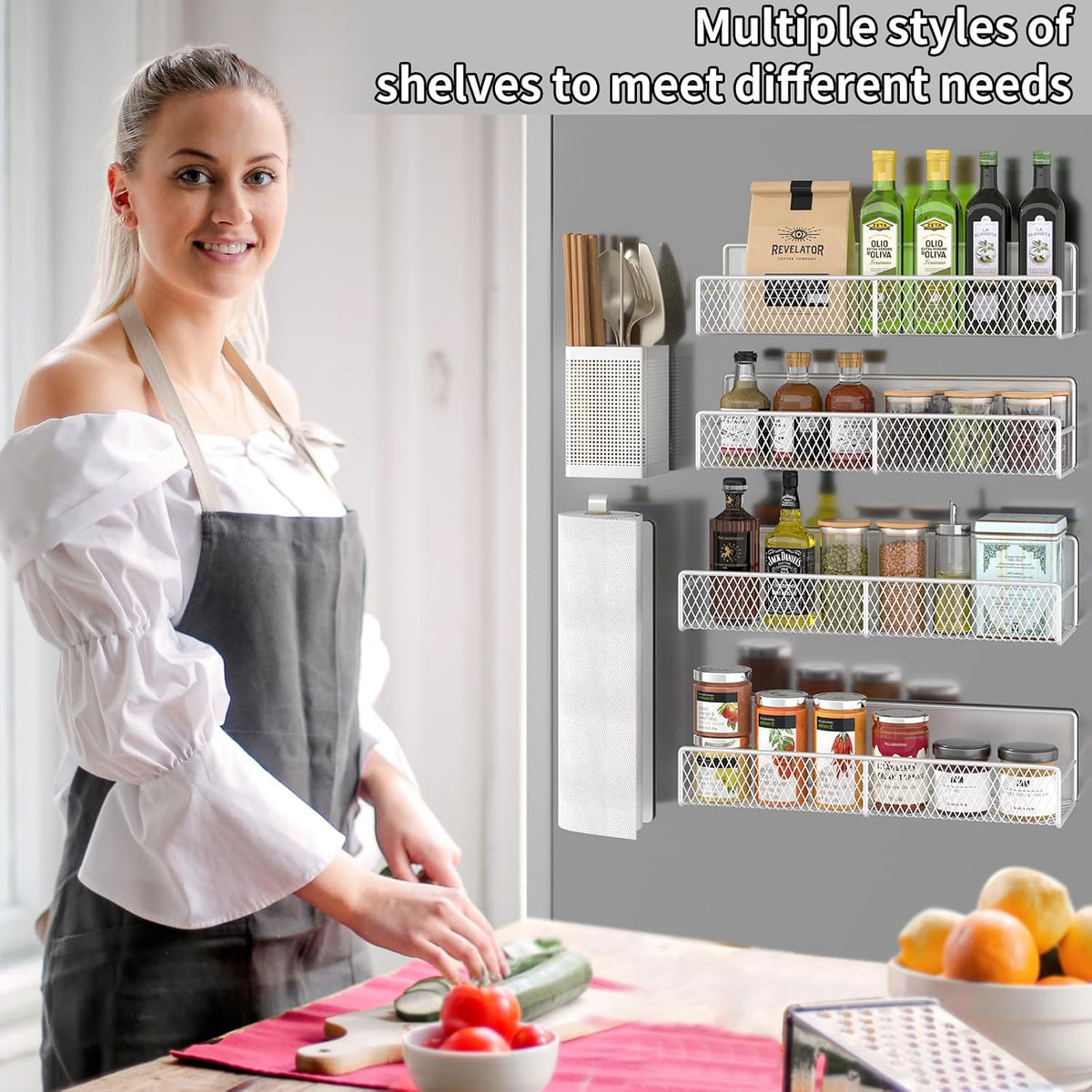 Magnetic Spice Rack for Refrigerator, Metal Magnetic Shelf Black, Moveable Spice Organizer with Hooks, Super Magnetic Fridge Shelf for Kitchen Organization and Storage